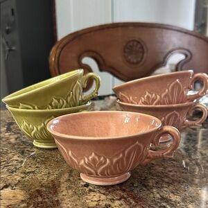 Set of Vintage Woodfield Steubenville Ceramic Teacups in Green and Pink
